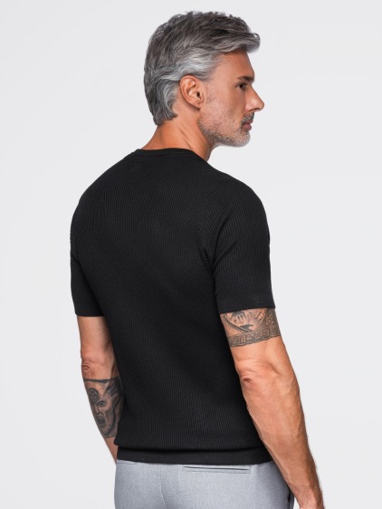 Férfi slim fit kötött Henley póló rövid ujjal és gombos pánttal, fekete – fotografie produktu 4