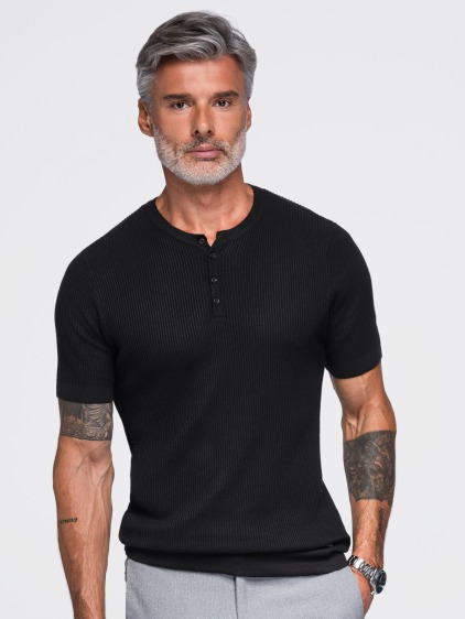 Férfi slim fit kötött Henley póló rövid ujjal és gombos pánttal, fekete – fotografie produktu 5