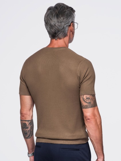 Pánské přiléhavé pletené tričko Henley s krátkým rukávem a knoflíkovou légou, hnědá – fotografie produktu 4