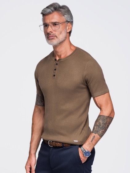 Pánské přiléhavé pletené tričko Henley s krátkým rukávem a knoflíkovou légou, hnědá – fotografie produktu 5