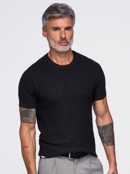 Férfi slim fit kötött póló rövid ujjal és plasztikus mintával, fekete