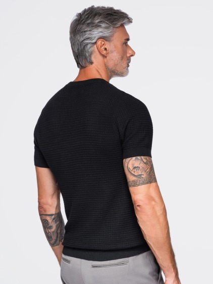 Férfi slim fit kötött póló rövid ujjal és plasztikus mintával, fekete – fotografie produktu 4