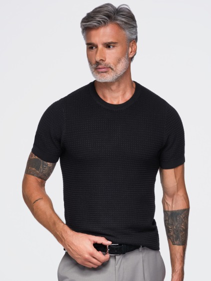 Férfi slim fit kötött póló rövid ujjal és plasztikus mintával, fekete – fotografie produktu 5