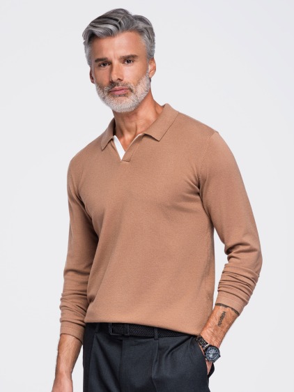 Pánská regular fit pletená polokošile s dlouhým rukávem a kontrastním detailem, hnědá