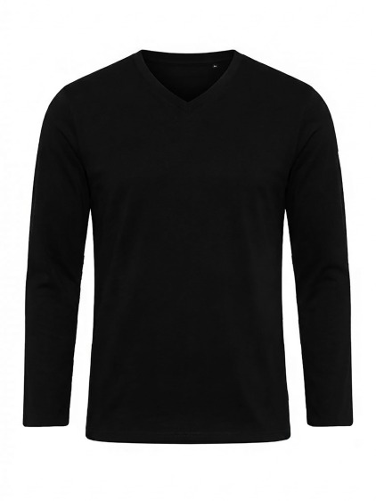 Pánské regular fit bavlněné tričko s dlouhým rukávem a výstřihem do V, černá