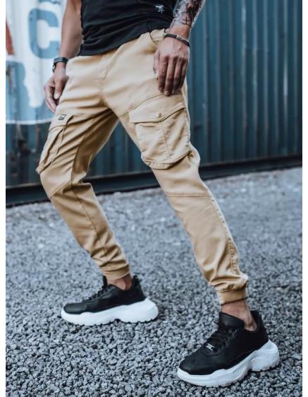 Pánske džínsovej jogger nohavice s vreckami béžovej