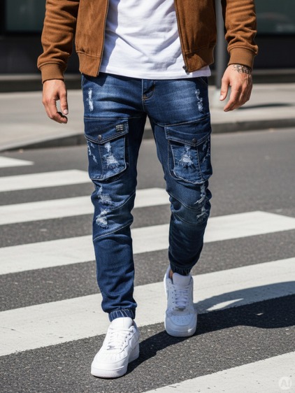 Pánske jogger riflové nohavice tmavo modré STREET