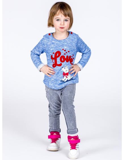 Kék melange lány blúz LOVE-val és kutyával