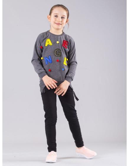 Sötétszürke lány blúz applikációkkal és pompomokkal