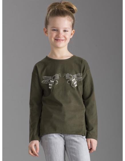 Khaki színű blúz lányoknak csillogó applikációval