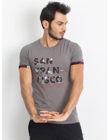 TOMMY LIFE Šedé pánske tričko s nápisom