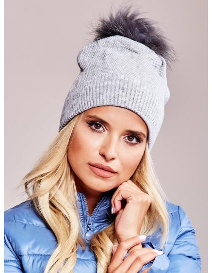 Női széles karimájú sapka szőrmés pomponnal szürke