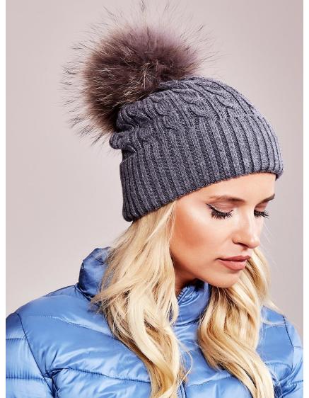 Női sapka húzózsinórral és szőrmés pomponnal sötétszürke