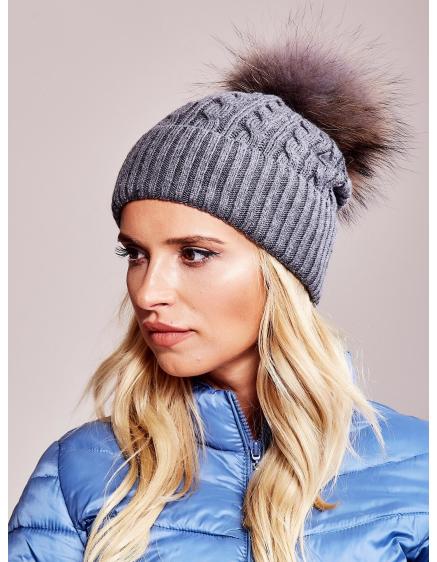 Női sapka húzózsinórral és szőrmés pomponnal sötétszürke