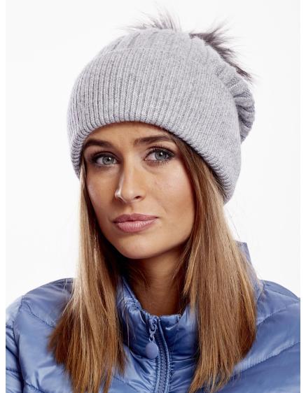 Dámská čepice s lemem žebrovaná šedá 