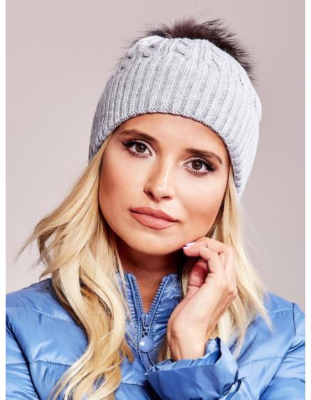 Dámska čiapka s mašľou a kožušinovou bambulou sivá