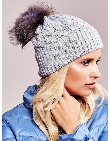 Dámska čiapka s mašľou a kožušinovou bambulou sivá