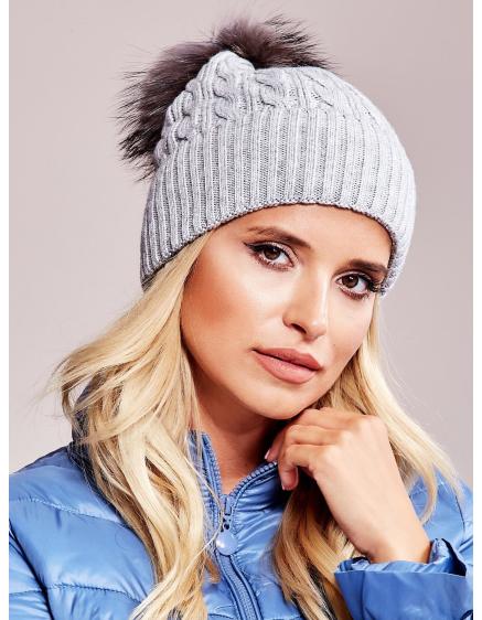 Dámska čiapka s mašľou a kožušinovou bambulou sivá