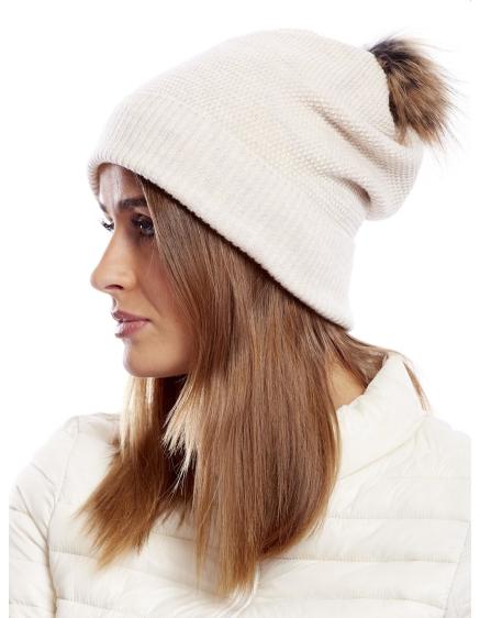 Női széles karimájú sapka szőrmés pomponnal bézs színben