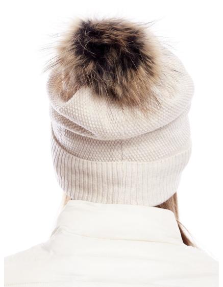 Női széles karimájú sapka szőrmés pomponnal bézs színben