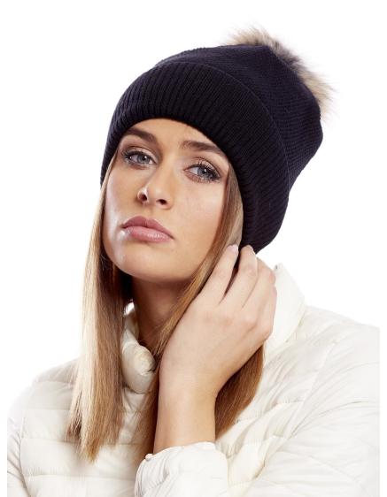 Női széles karimájú sapka szőrmés pomponnal fekete