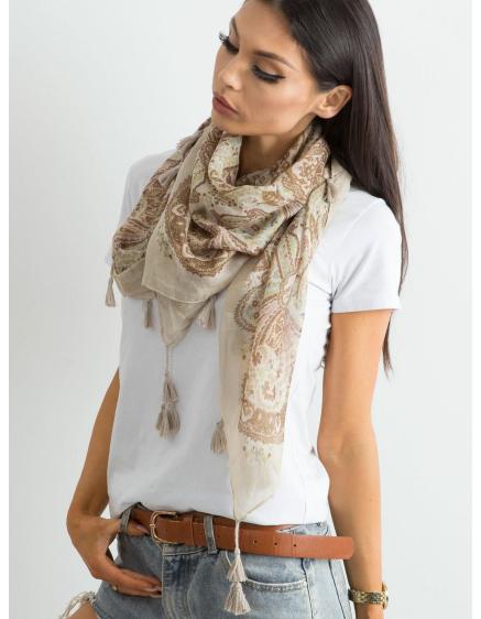 Béžový šátek s potiskem a střapci