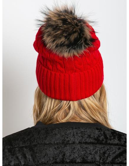 Női sapka bordázott karimával és szőrmés pomponnal piros