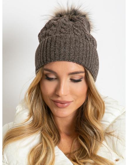 Dámska čiapka so stuhou a kožušinovou bambulou tmavohnedá