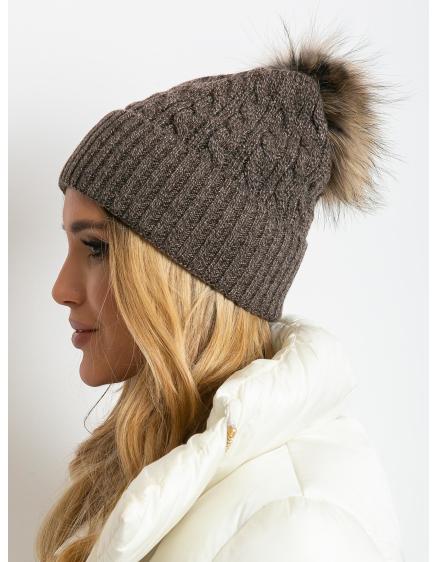 Dámska čiapka so stuhou a kožušinovou bambulou tmavohnedá