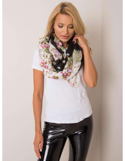 Dámska kvetinová šatka so strapcami KAMARI čierna a ecru