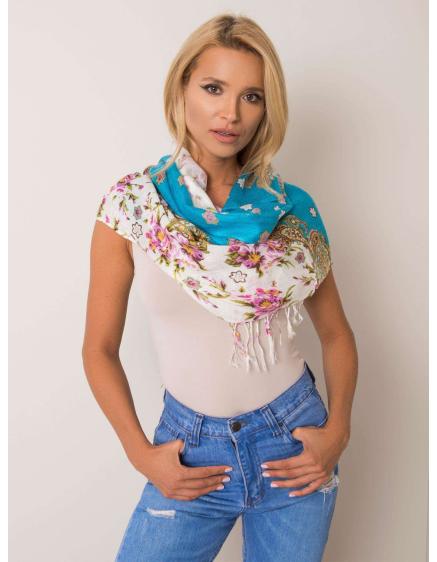 Női virágos rojtos sál COOPER kék és ekrü színben