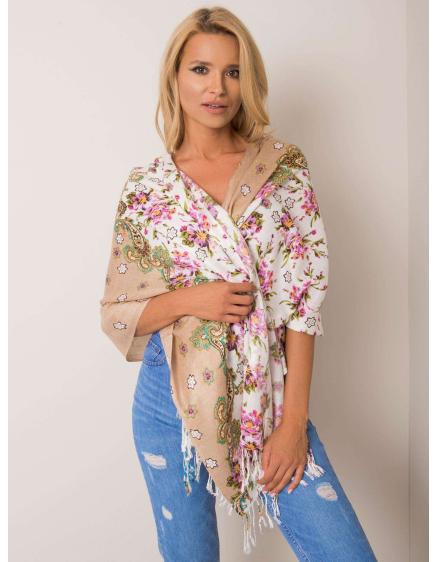 Női virágos rojtos sál REAGAN bézs színben