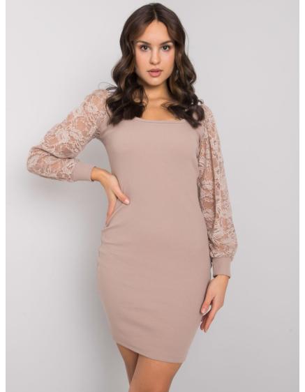 Dámské šaty s ozdobnými rukávy Kayley RUE PARIS tmavě béžové 