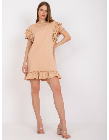 Női miniruha fodros, rövid ujjú ALPHA bézs színben