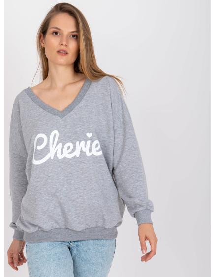 Női nyomtatott, túlméretezett, V-nyakú pulóver DOVIA szürke és fehér