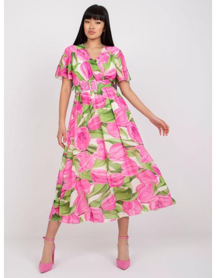 Dámske šaty ONIA s kvetinovým výstrihom v ružovej a zelenej farbe