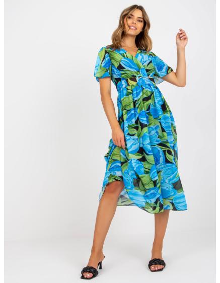 Dámske vzorované midi šaty s opaskom FEMA modro-čierne