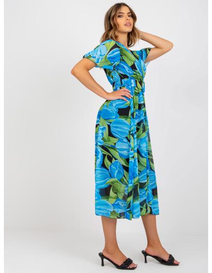 Dámske vzorované midi šaty s opaskom FEMA modro-čierne