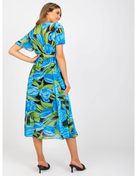 Dámske vzorované midi šaty s opaskom FEMA modro-čierne