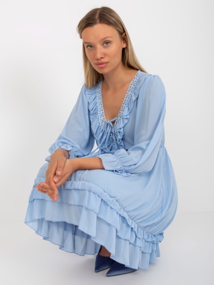 Dámské šaty s volánem mini boho OCH BELLA  světle modré 