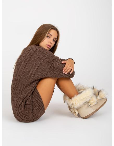Dámsky sveter s kockovaným vzorom a výstrihom RUE PARIS hnedý