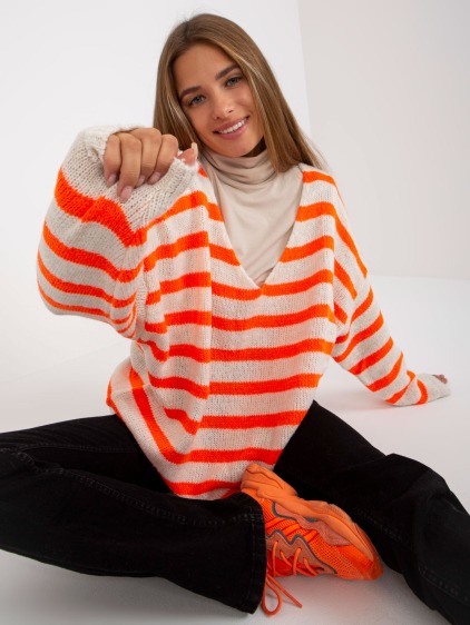 Dámsky sveter s výstrihom do V oversize OCH BELLA biely a oranžový