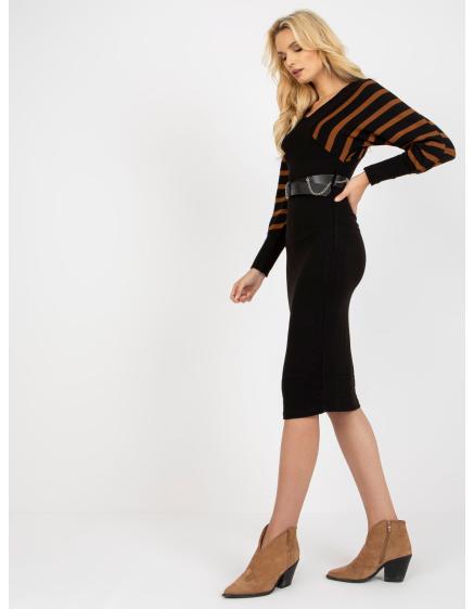Női öves kötött midi ruha OCH BELLA fekete és barna színben