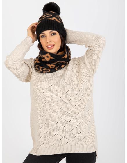 Dámska zimná čiapka s brmbolcom DYLA čierno-kamelová