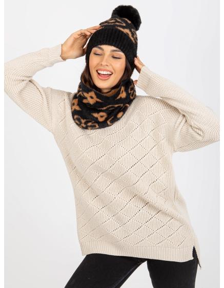 Dámska zimná čiapka s brmbolcom DYLA čierno-kamelová