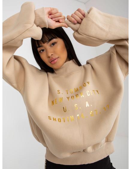 Női pulóver nyomtatással és garbóval NYNETE bézs színben