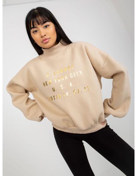 Női pulóver nyomtatással és garbóval NYNETE bézs színben