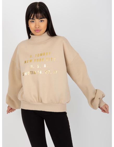 Női pulóver nyomtatással és garbóval NYNETE bézs színben