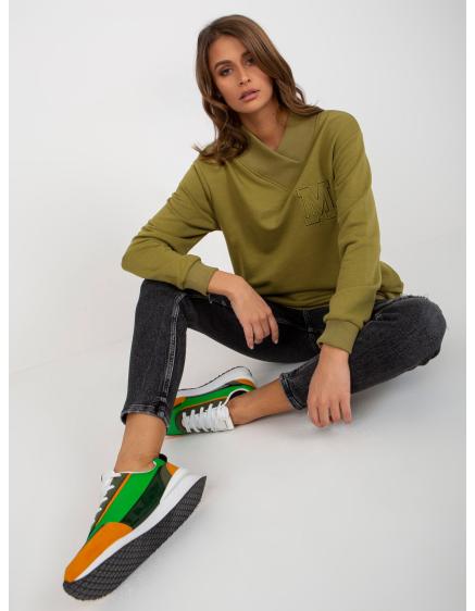 Női kapucnis pulóver KASSY olívazöld színű nyakkal