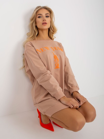 Női nyomtatott hosszú oversize pulóver ADALYNN bézs-narancs